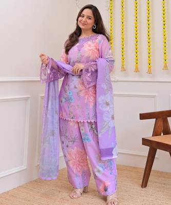 Lavender floral printed embroidered georgette gharara salwar suit set with printed dupatta 2