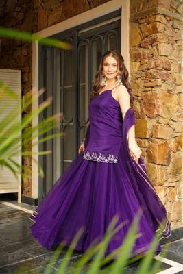 Purple embroidered rangoli silk short kurta palazzo set with lace organza dupatta 5