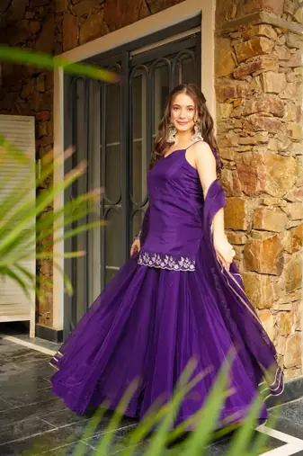 Purple embroidered rangoli silk short kurta palazzo set with lace organza dupatta