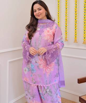 Lavender floral printed embroidered georgette gharara salwar suit set with printed dupatta 3