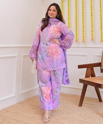 Lavender floral printed embroidered georgette gharara salwar suit set with printed dupatta 4