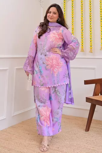 Lavender floral printed embroidered georgette gharara salwar suit set with printed dupatta