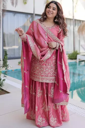 Pink embroidered shimmer silk kurta palazzo set with dupatta