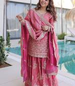 Pink embroidered shimmer silk kurta palazzo set with dupatta
