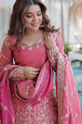 Pink embroidered shimmer silk kurta palazzo set with dupatta