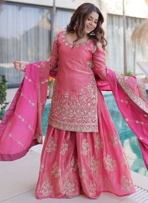 Pink embroidered shimmer silk kurta palazzo set with dupatta 3