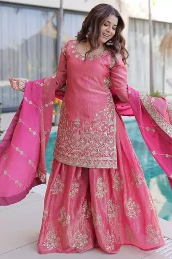 Pink embroidered shimmer silk kurta palazzo set with dupatta