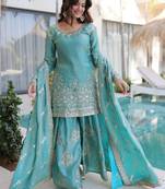 Sky blue embroidered shimmer silk kurta palazzo set with dupatta