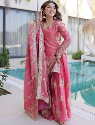 Pink embroidered shimmer silk kurta palazzo set with dupatta 4