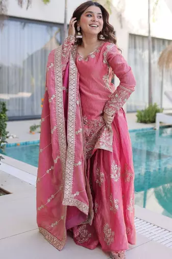 Pink embroidered shimmer silk kurta palazzo set with dupatta