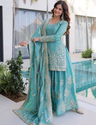 Sky blue embroidered shimmer silk kurta palazzo set with dupatta 2
