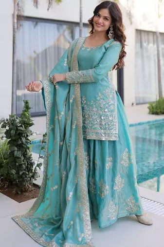 Sky blue embroidered shimmer silk kurta palazzo set with dupatta