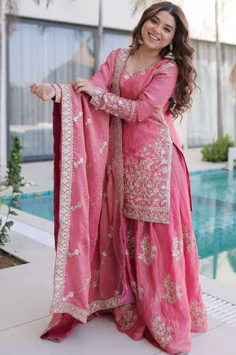 Pink embroidered shimmer silk kurta palazzo set with dupatta