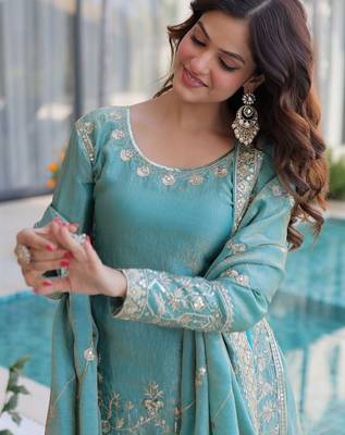 Sky blue embroidered shimmer silk kurta palazzo set with dupatta 5