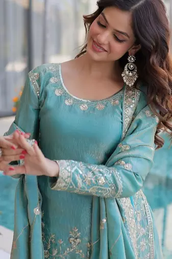 Sky blue embroidered shimmer silk kurta palazzo set with dupatta