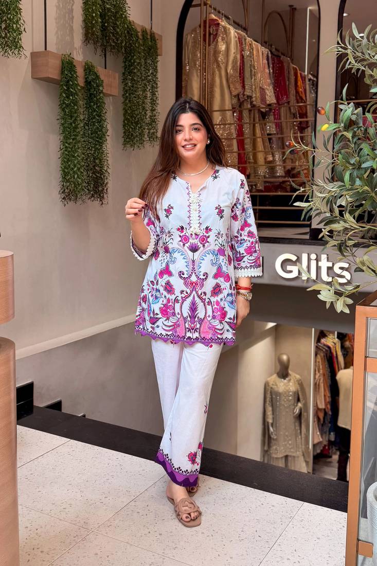 Cream printed pure cotton kurta pant set