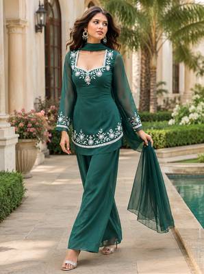 Zari green embroidered georgette kurta palazzo set with dupatta 1