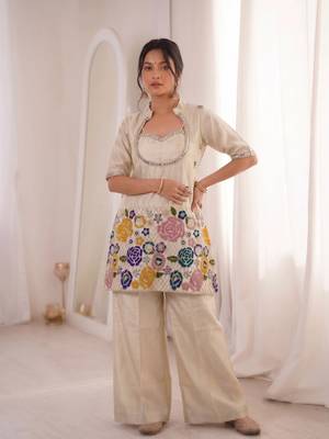 Cream beads embroidered chinon silk kurta blouse with palazzo set 1