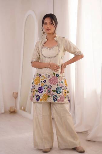 Cream beads embroidered chinon silk kurta blouse with palazzo set