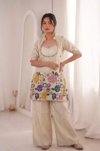 Cream beads embroidered chinon silk kurta blouse with palazzo set