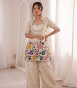 Cream beads embroidered chinon silk kurta blouse with palazzo set
