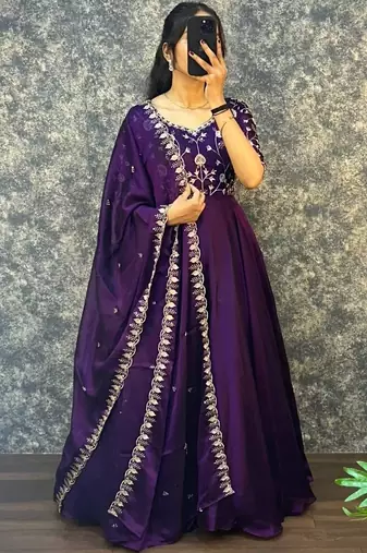 Purple embroidered vichitra silk anarkali gown with dupatta set