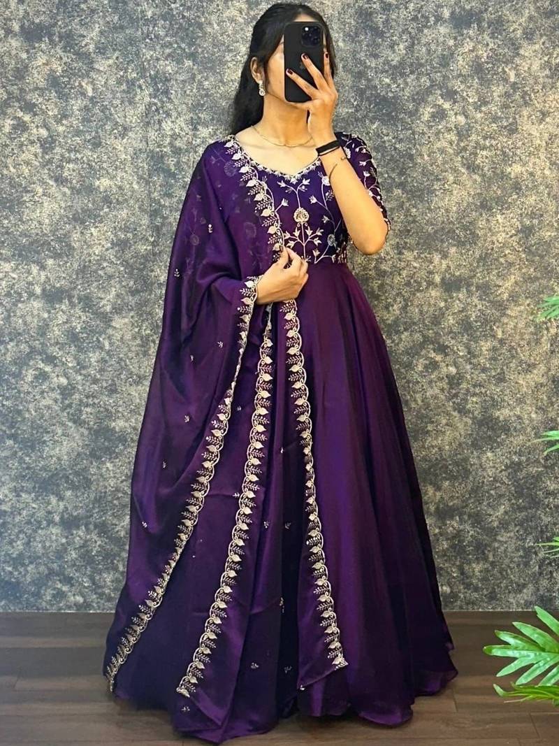 Purple embroidered vichitra silk anarkali gown with dupatta set