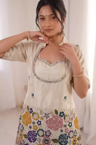 Cream beads embroidered chinon silk kurta blouse with palazzo set
