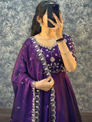 Purple embroidered vichitra silk anarkali gown with dupatta set 2