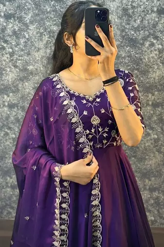 Purple embroidered vichitra silk anarkali gown with dupatta set
