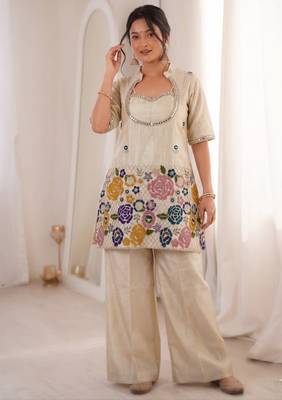 Cream beads embroidered chinon silk kurta blouse with palazzo set 3