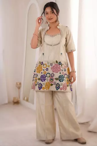 Cream beads embroidered chinon silk kurta blouse with palazzo set
