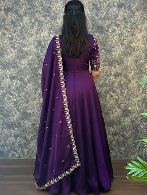 Purple embroidered vichitra silk anarkali gown with dupatta set 3