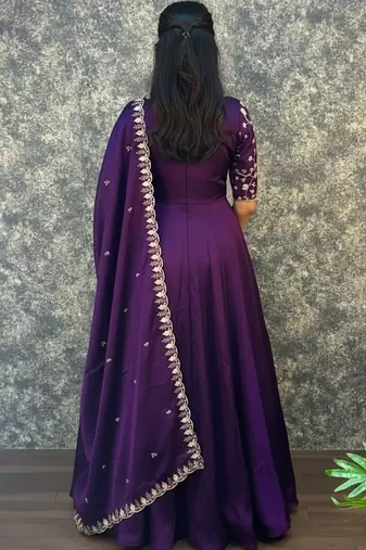Purple embroidered vichitra silk anarkali gown with dupatta set
