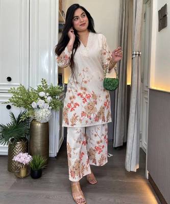 Cream printed pure cotton kurta pant set 1
