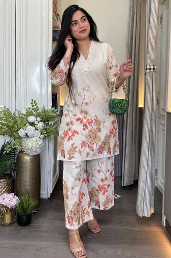 Cream printed pure cotton kurta pant set