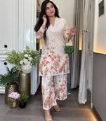 Cream printed pure cotton kurta pant set