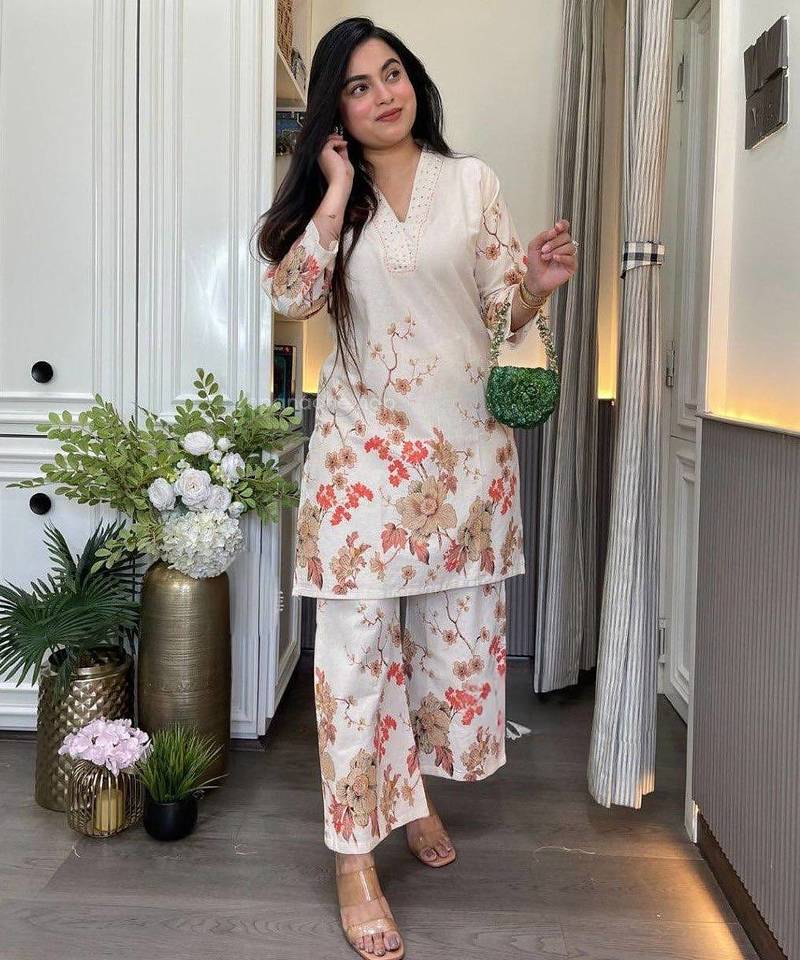Cream printed pure cotton kurta pant set