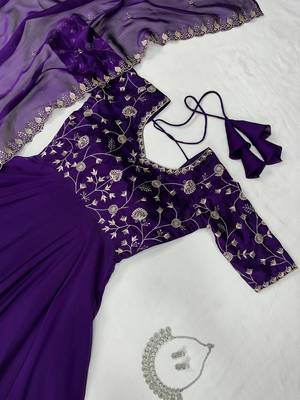 Purple embroidered vichitra silk anarkali gown with dupatta set 4