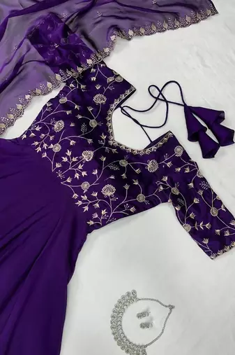 Purple embroidered vichitra silk anarkali gown with dupatta set