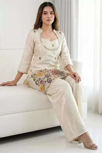 Cream beads embroidered chinon silk kurta blouse with palazzo set