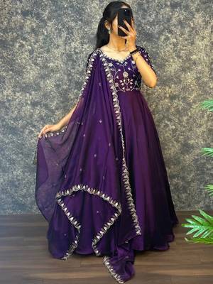 Purple embroidered vichitra silk anarkali gown with dupatta set 5