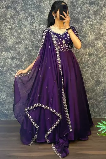 Purple embroidered vichitra silk anarkali gown with dupatta set