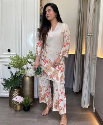 Cream printed pure cotton kurta pant set 2