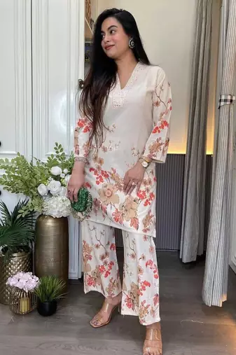 Cream printed pure cotton kurta pant set