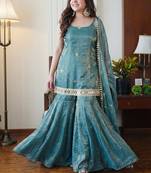 Rama green embroidered shimmer silk sharara salwar suit set with dupatta