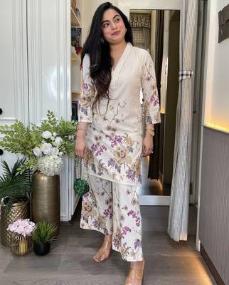 Cream printed pure cotton kurta pant set 3