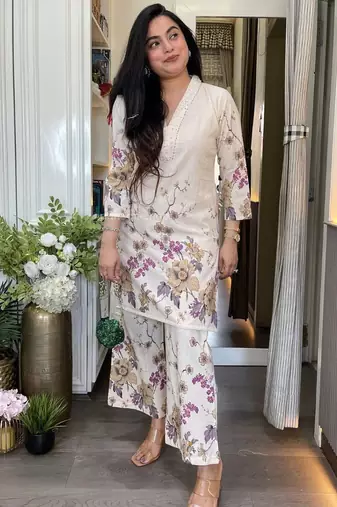 Cream printed pure cotton kurta pant set