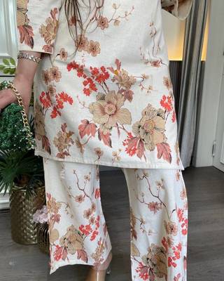 Cream printed pure cotton kurta pant set 4