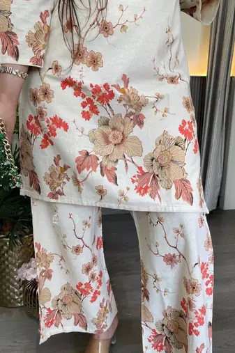 Cream printed pure cotton kurta pant set